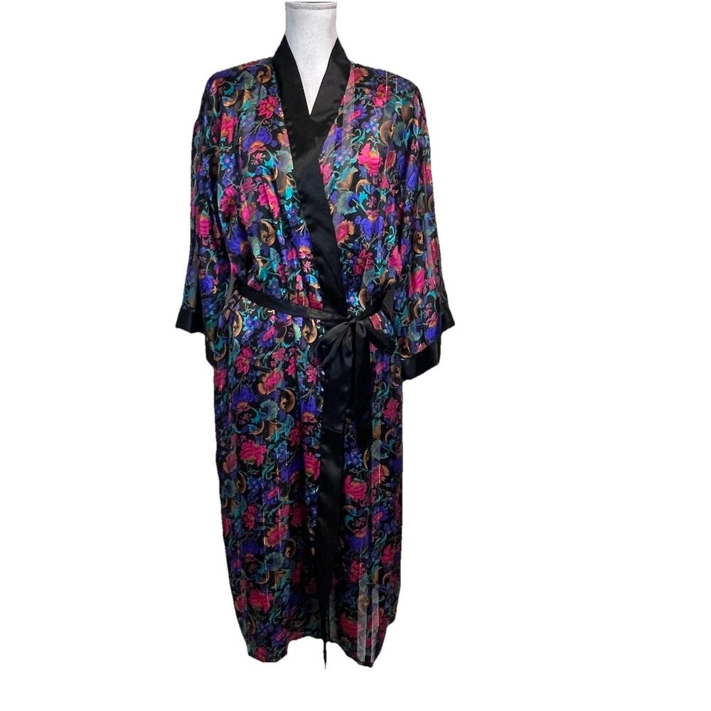 Vintage Inner Most Lingerie Robe sz Medium Black Pink Purple Floral Wrap Satin